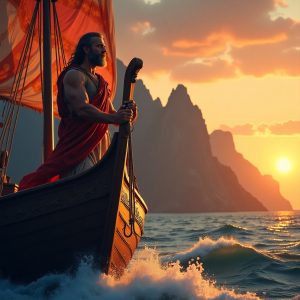 Flux_Dev_A_serene_and_majestic_depiction_of_Odysseus_final_jou_1 Sailing Home: Ithaca and Odysseus' Final Journey